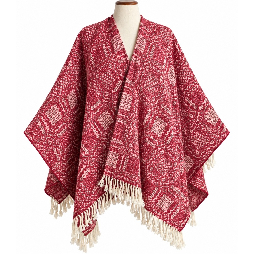 Ann Mashburn 100% Lambswool Cape Poncho Scotland Red Fair Isle Fringe Christmas